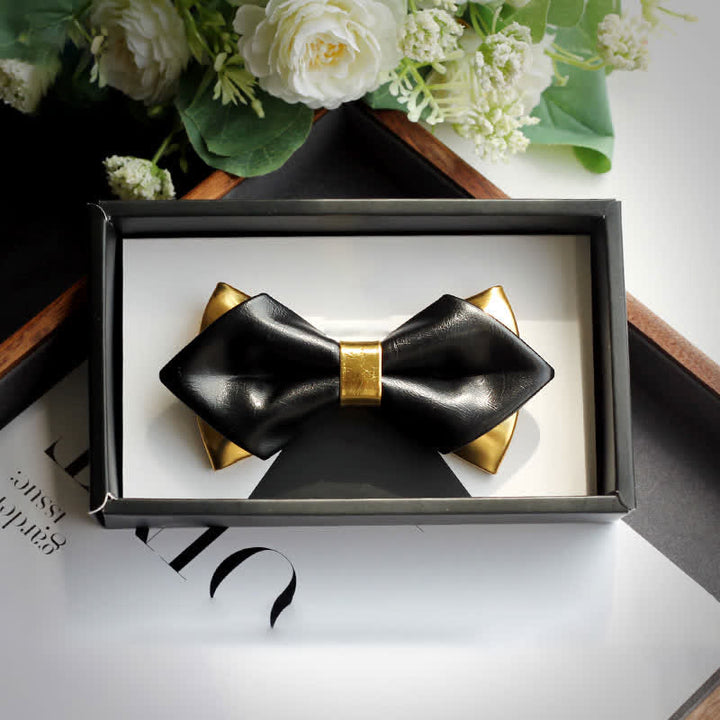 Men's Gold & Black Double Layers Leather Bow Tie - Style #4 - image 9