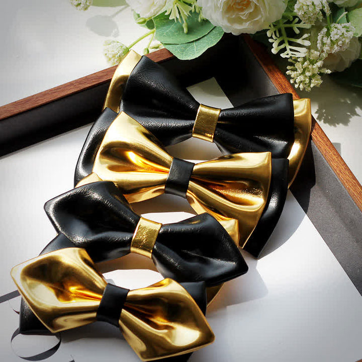 Men's Gold & Black Double Layers Leather Bow Tie - image 0