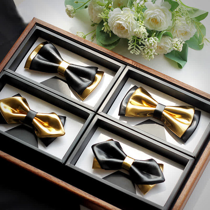 Men's Gold & Black Double Layers Leather Bow Tie - image 4