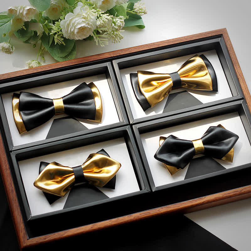 Men's Gold & Black Double Layers Leather Bow Tie - image 1