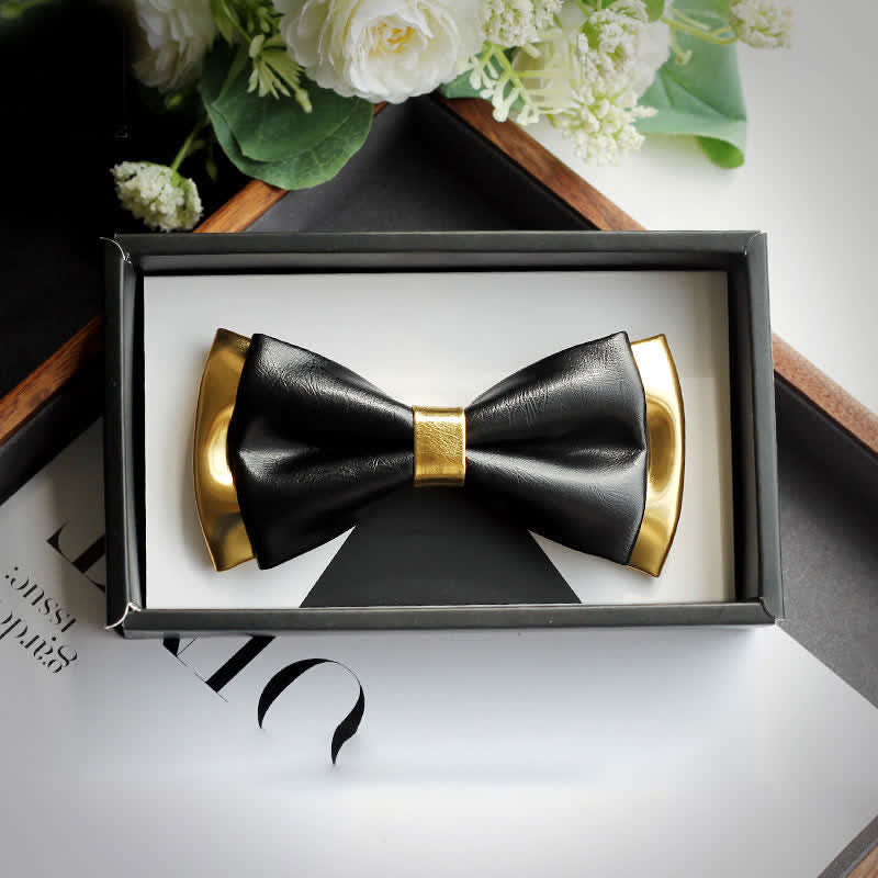 Men's Gold & Black Double Layers Leather Bow Tie - Style #3 - image 6