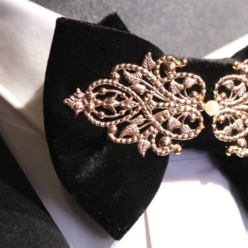 Men's Black Velvet Metallic Decor Oversized Pointed Bow Tie - image 2