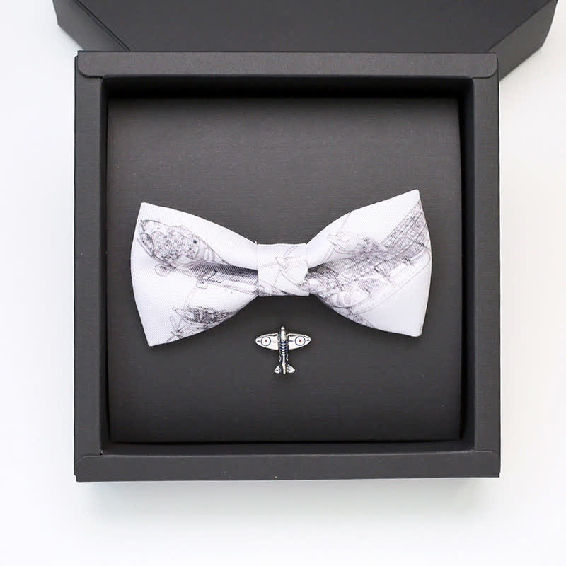 2Pcs Men's White Aviation Plane Brooch Bow Tie Set - image 1