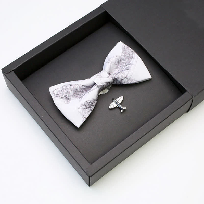2Pcs Men's White Aviation Plane Brooch Bow Tie Set - image 2