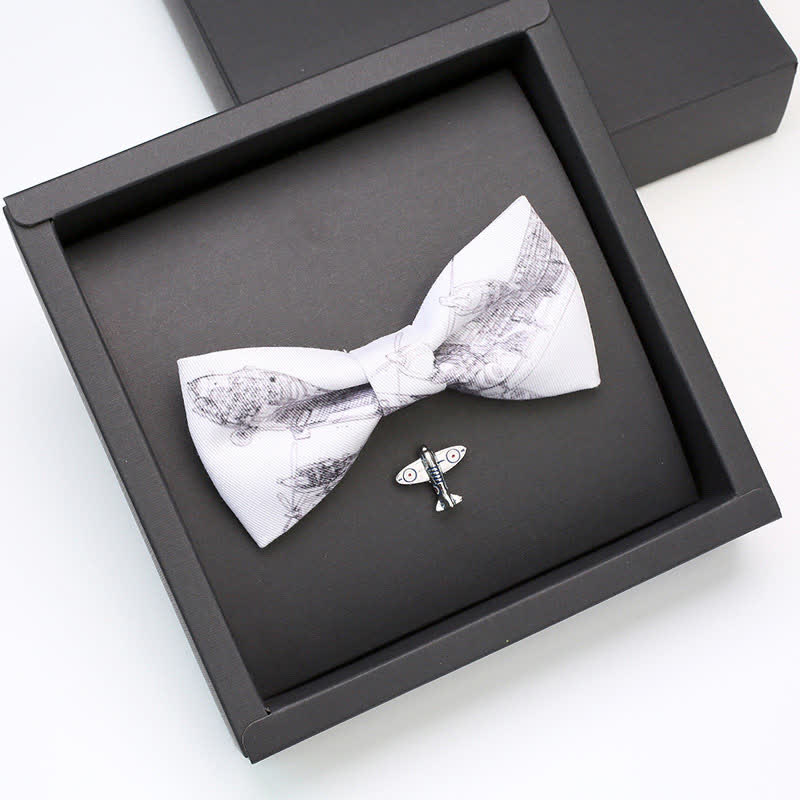2Pcs Men's White Aviation Plane Brooch Bow Tie Set - Plane - image 0