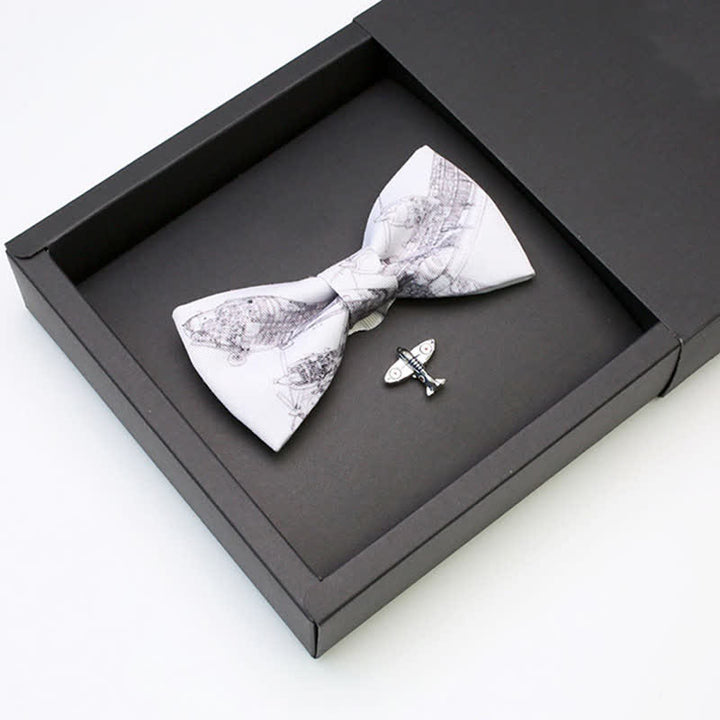 2Pcs Men's White Aviation Plane Brooch Bow Tie Set - image 2