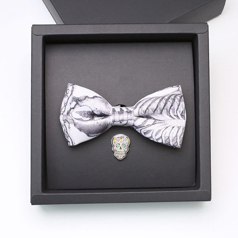 2Pcs Men's Gray Skeleton Skull Head Brooch Bow Tie Set - image 1