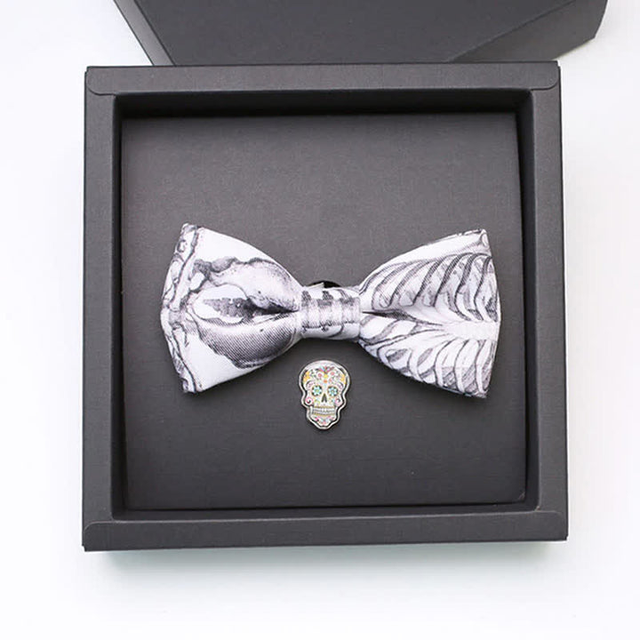 2Pcs Men's Gray Skeleton Skull Head Brooch Bow Tie Set - image 1