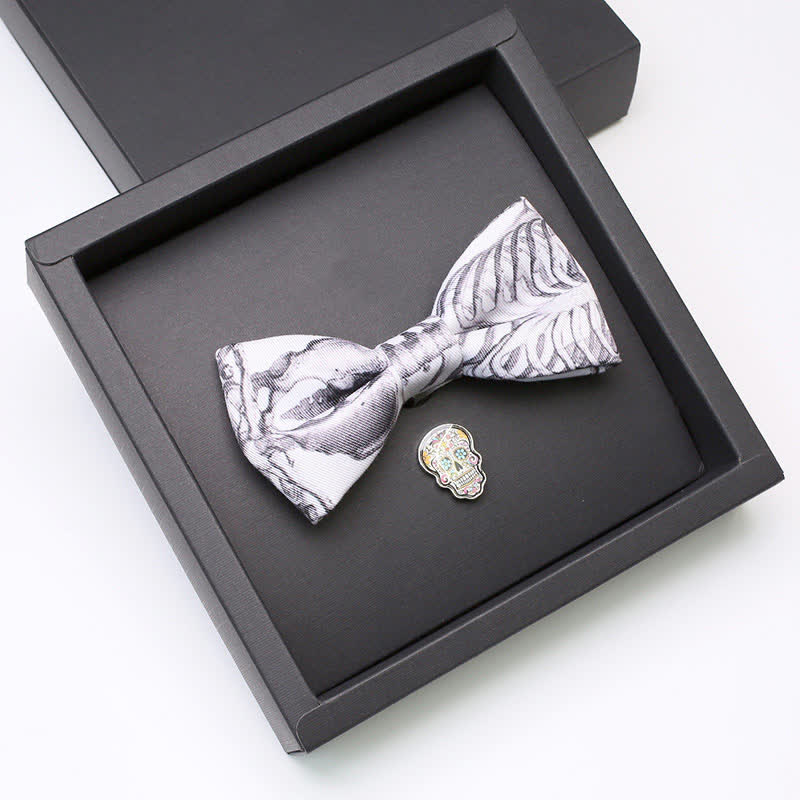 2Pcs Men's Gray Skeleton Skull Head Brooch Bow Tie Set - Skeleton - image 0