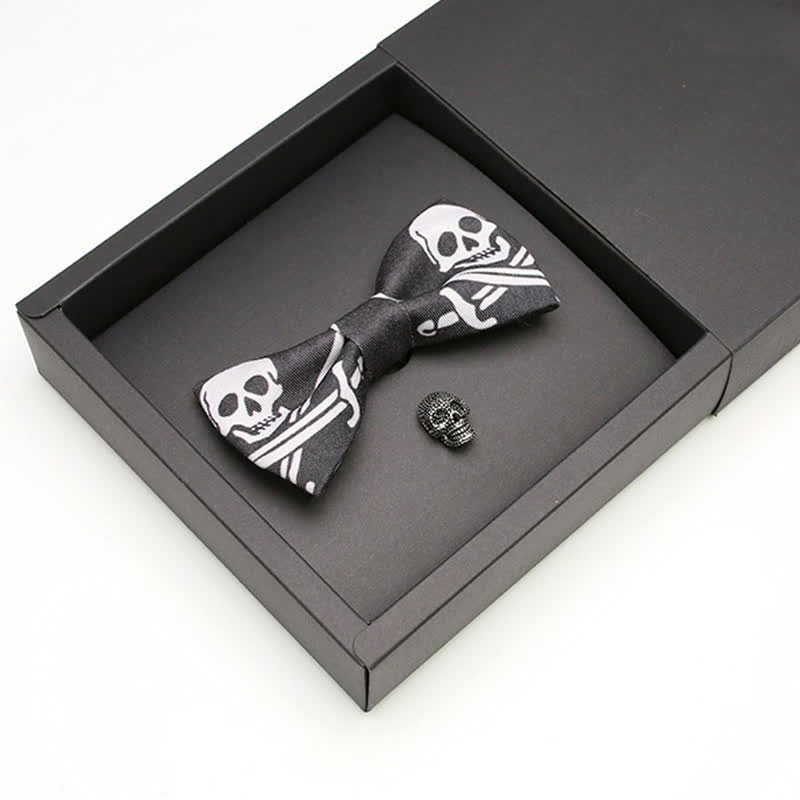 2Pcs Men's Black & White Pirate Skull Brooch Bow Tie Set - image 2