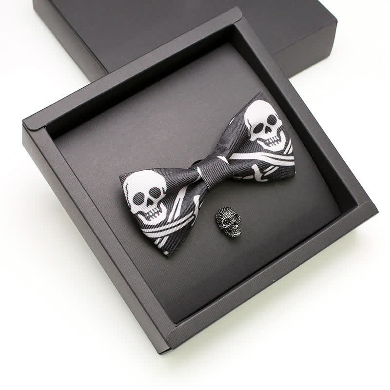 2Pcs Men's Black & White Pirate Skull Brooch Bow Tie Set - Pirate - image 0