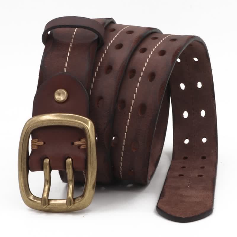 Men's Double Holes Brass Buckle Leather Belt - Coffee - 42 - image 12