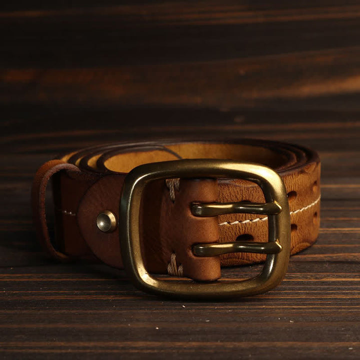 Men's Double Holes Brass Buckle Leather Belt - image 4