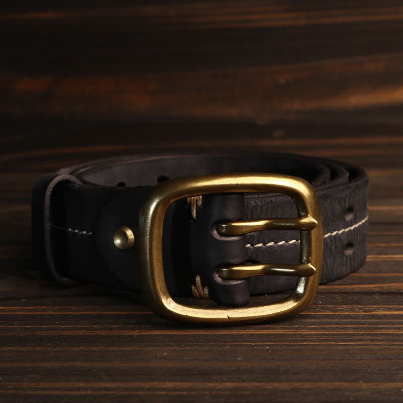 Men's Double Holes Brass Buckle Leather Belt - image 10
