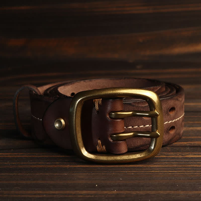 Men's Double Holes Brass Buckle Leather Belt - image 15