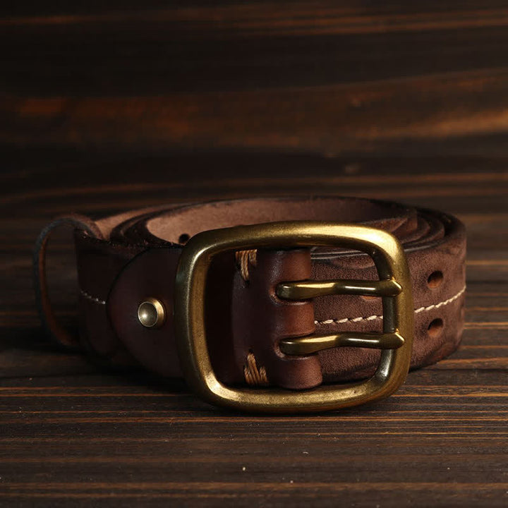 Men's Double Holes Brass Buckle Leather Belt - image 15
