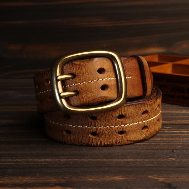 Men's Double Holes Brass Buckle Leather Belt - image 2