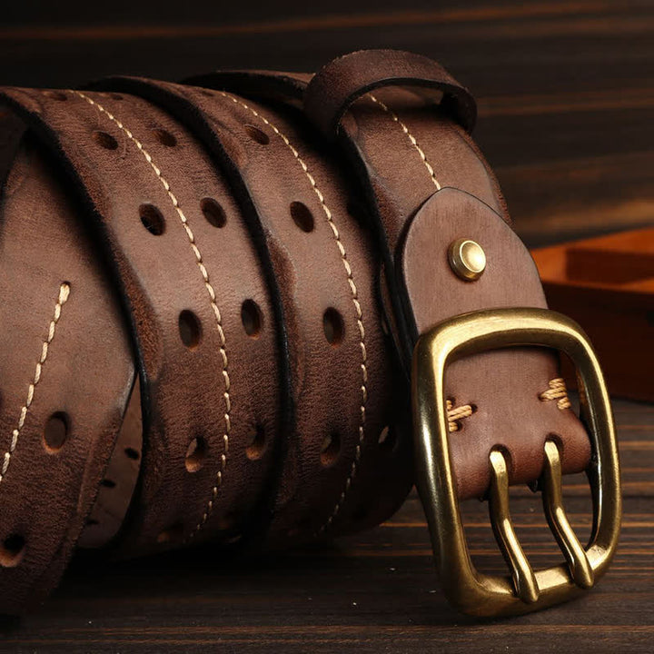 Men's Double Holes Brass Buckle Leather Belt - image 14