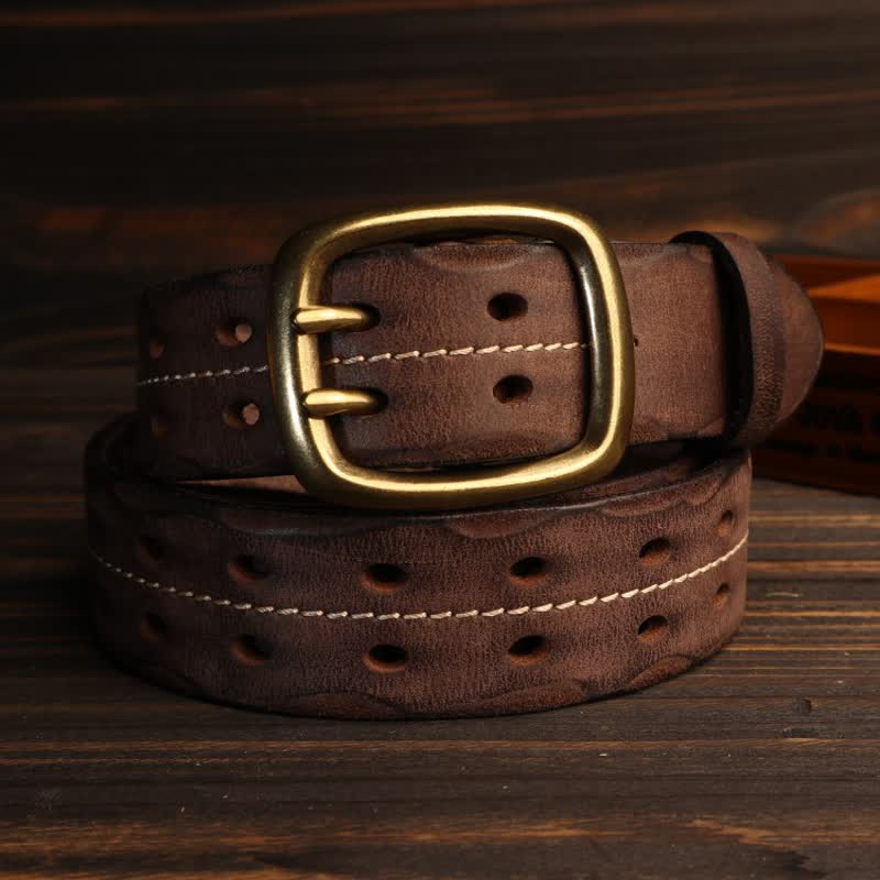 Men's Double Holes Brass Buckle Leather Belt - image 13