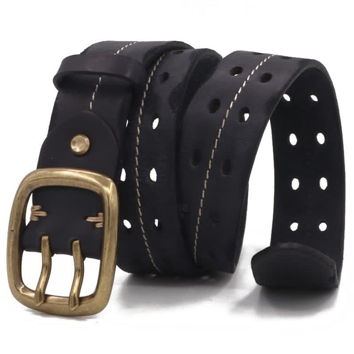 Men's Double Holes Brass Buckle Leather Belt - Black - 42 - image 7