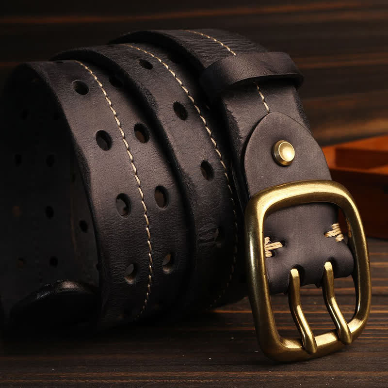 Men's Double Holes Brass Buckle Leather Belt - image 9