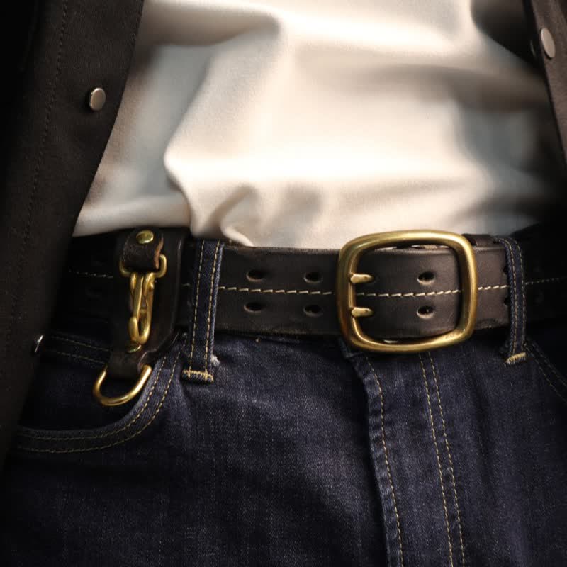 Men's Double Holes Brass Buckle Leather Belt - image 1
