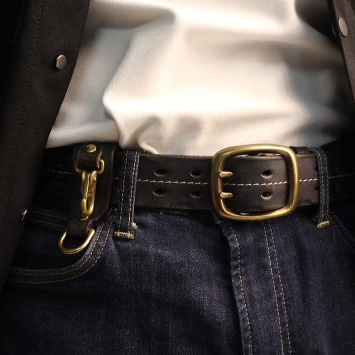 Men's Double Holes Brass Buckle Leather Belt - image 1