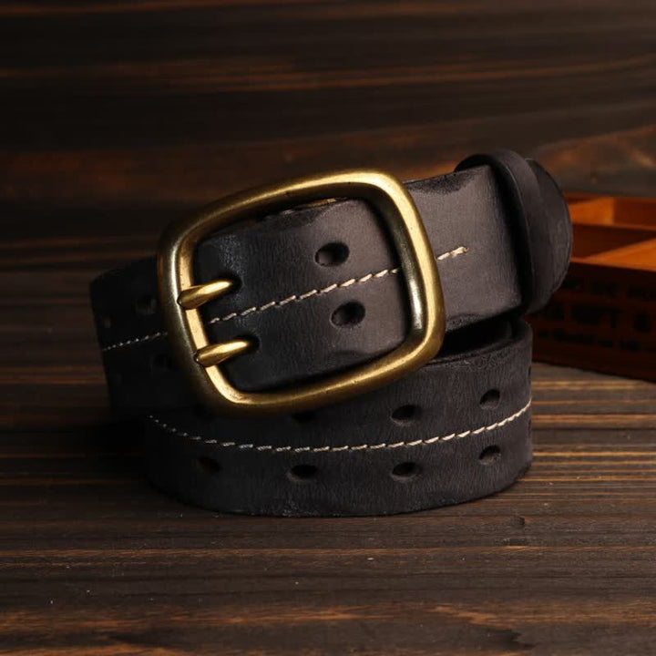 Men's Double Holes Brass Buckle Leather Belt - image 8