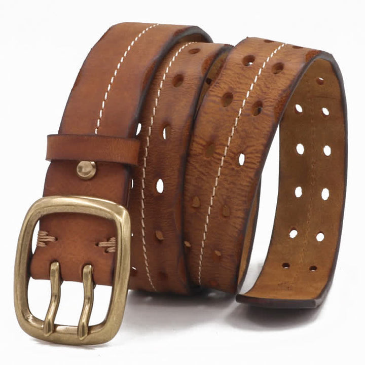 Men's Double Holes Brass Buckle Leather Belt - Yellowish-Brown - 42 - image 0