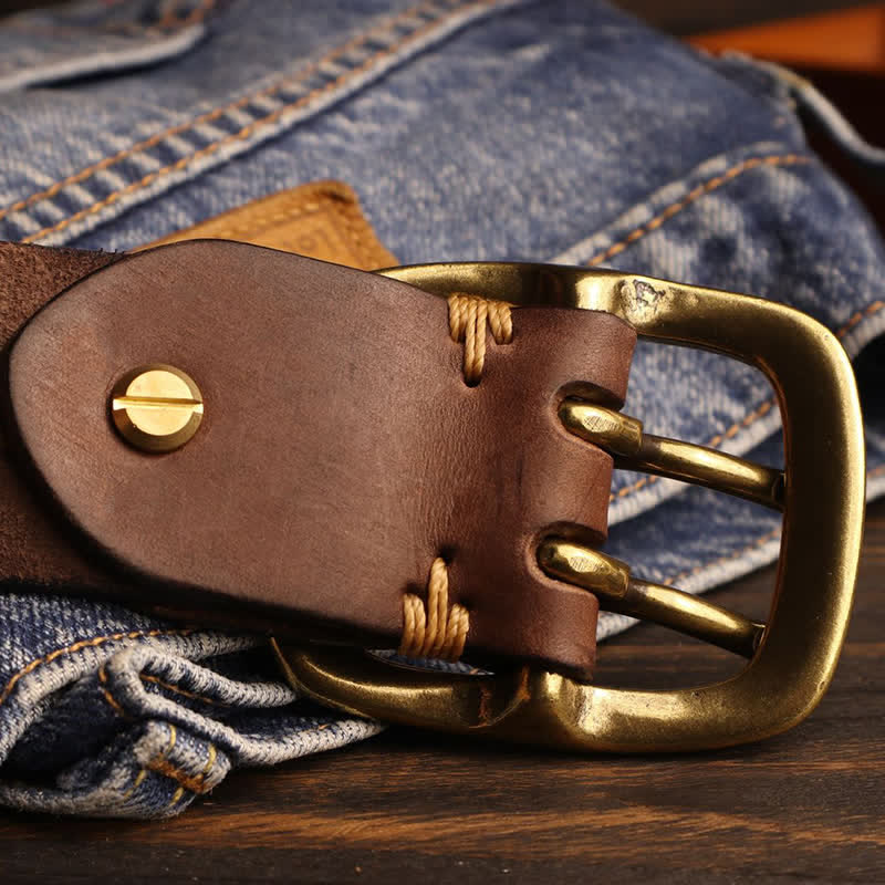 Men's Double Holes Brass Buckle Leather Belt - image 16