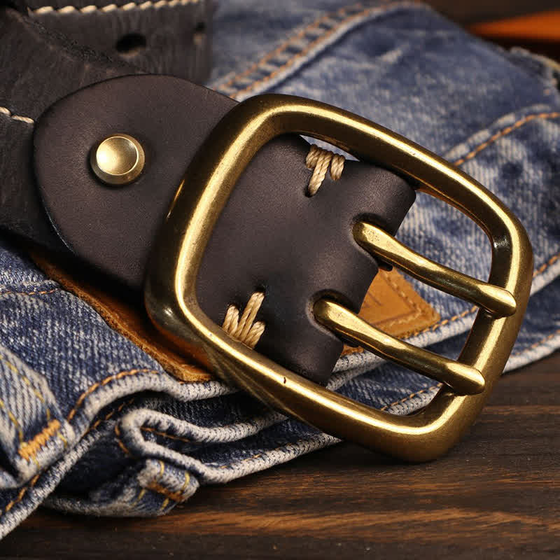 Men's Double Holes Brass Buckle Leather Belt - image 11
