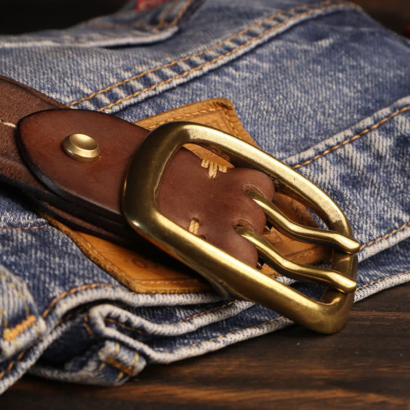 Men's Double Holes Brass Buckle Leather Belt - image 6