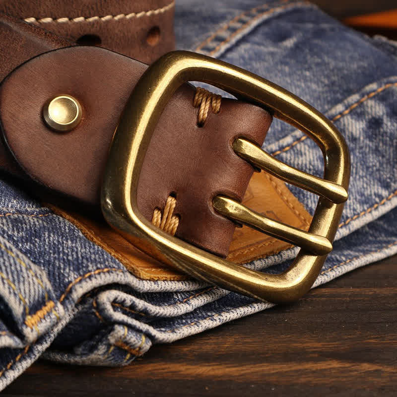 Men's Double Holes Brass Buckle Leather Belt - image 16