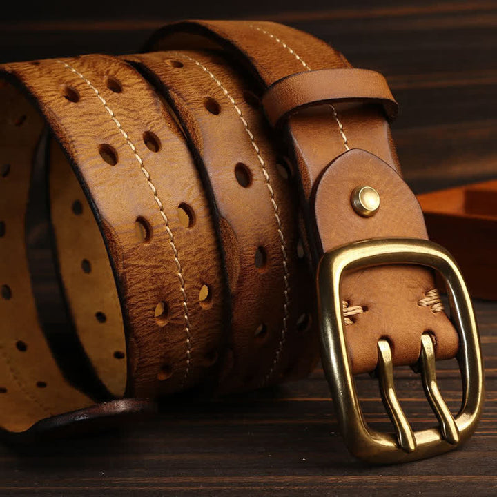 Men's Double Holes Brass Buckle Leather Belt - image 3