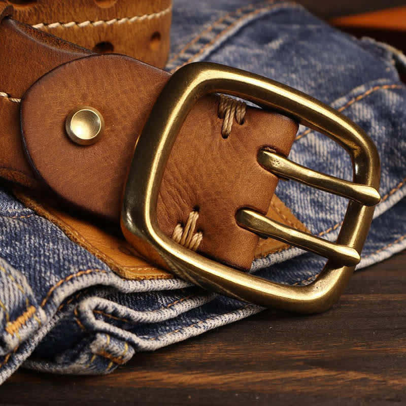 Men's Double Holes Brass Buckle Leather Belt - image 5