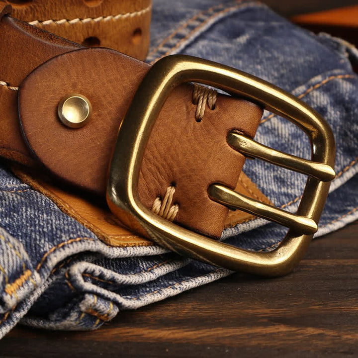 Men's Double Holes Brass Buckle Leather Belt - image 5