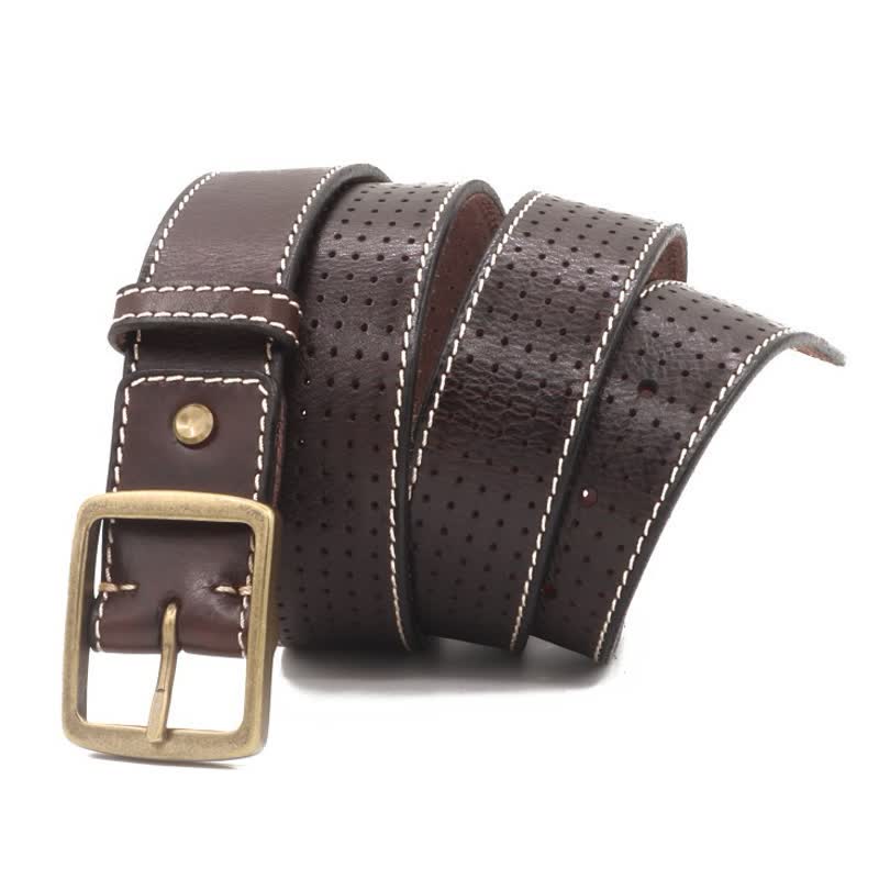Men's British Style Hand-Stitched Perforated Leather Belt - Coffee - 46 - image 8