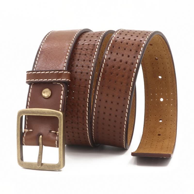 Men's British Style Hand-Stitched Perforated Leather Belt - Yellowish-Brown - 46 - image 13