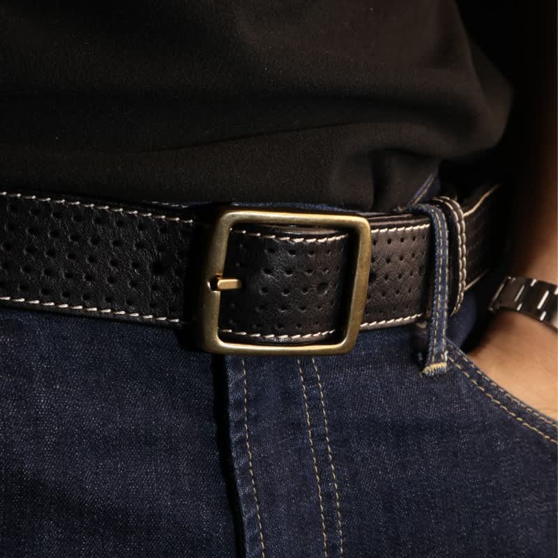 Men's British Style Hand-Stitched Perforated Leather Belt - image 1