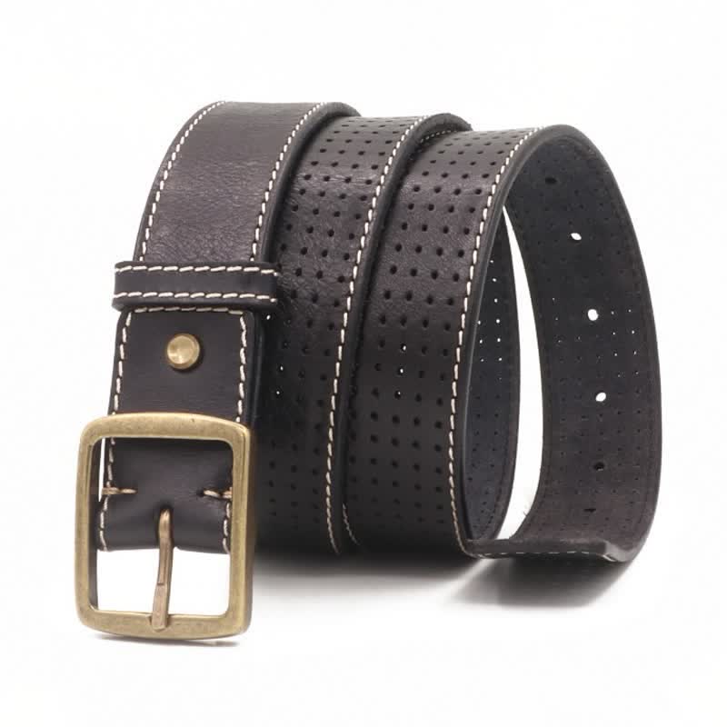 Men's British Style Hand-Stitched Perforated Leather Belt - Black - 46 - image 0