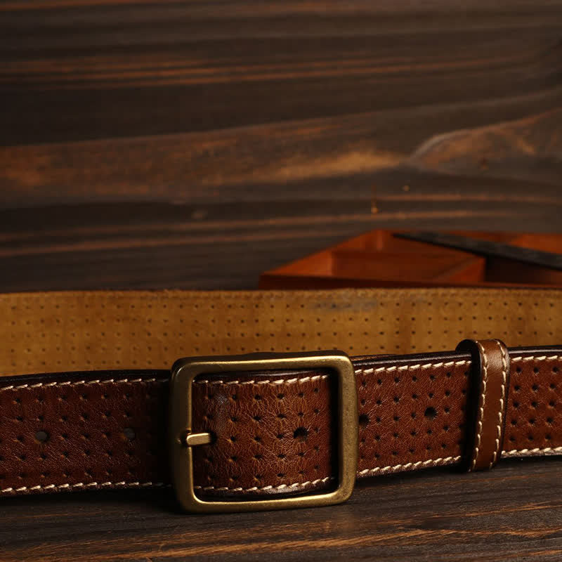Men's British Style Hand-Stitched Perforated Leather Belt - image 16