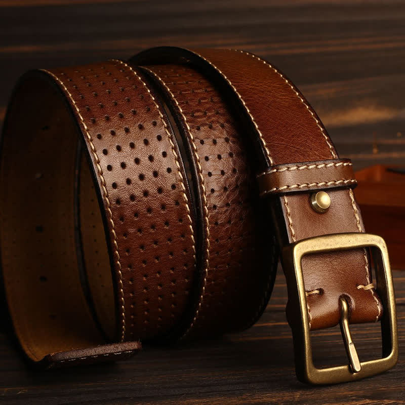 Men's British Style Hand-Stitched Perforated Leather Belt - image 14