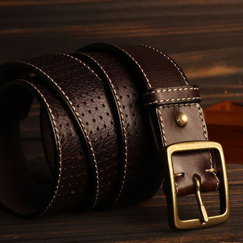 Men's British Style Hand-Stitched Perforated Leather Belt - image 10