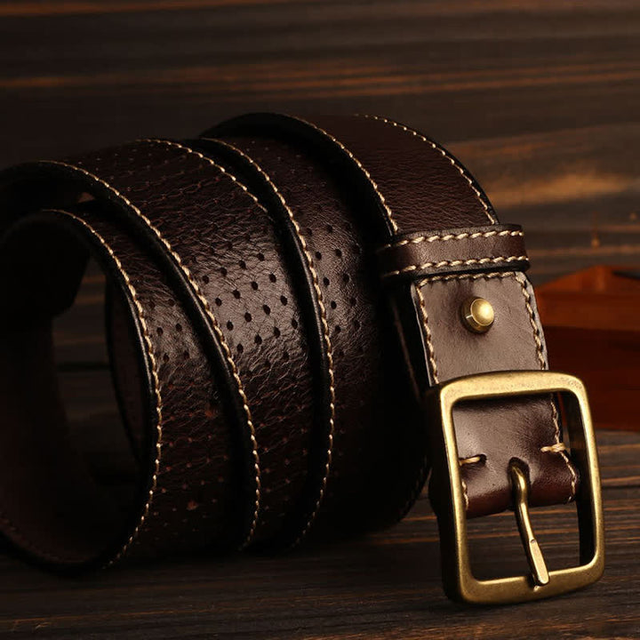 Men's British Style Hand-Stitched Perforated Leather Belt - image 10