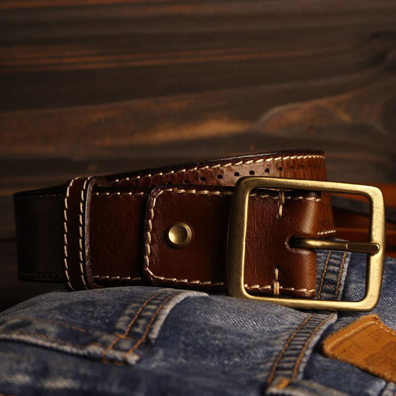 Men's British Style Hand-Stitched Perforated Leather Belt - image 15