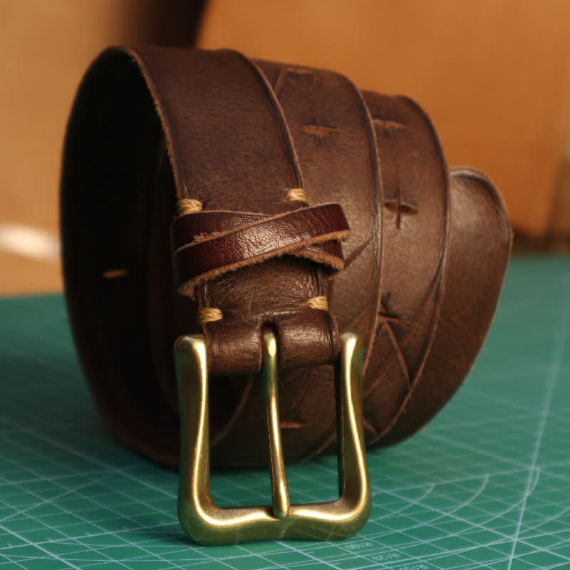 Men's Personality Hand-Cutting Cross Design Leather Belt - Coffee - 40 - image 4
