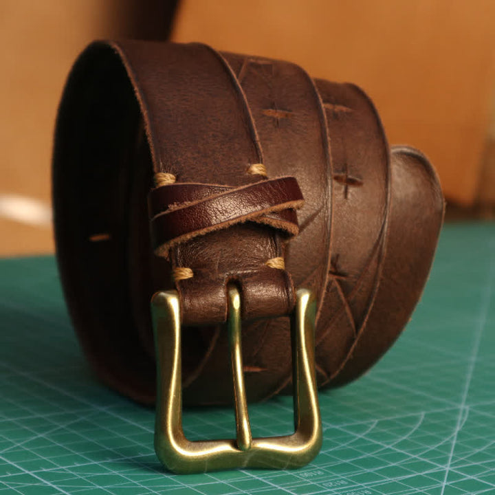 Men's Personality Hand-Cutting Cross Design Leather Belt - Coffee - 40 - image 4