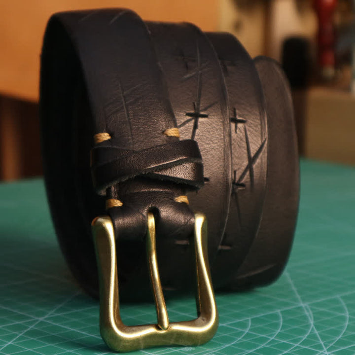 Men's Personality Hand-Cutting Cross Design Leather Belt - Black - 40 - image 1