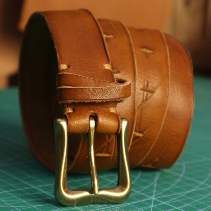 Men's Personality Hand-Cutting Cross Design Leather Belt - Yellowish-Brown - 40 - image 7
