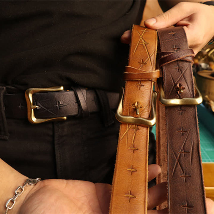 Men's Personality Hand-Cutting Cross Design Leather Belt - image 3